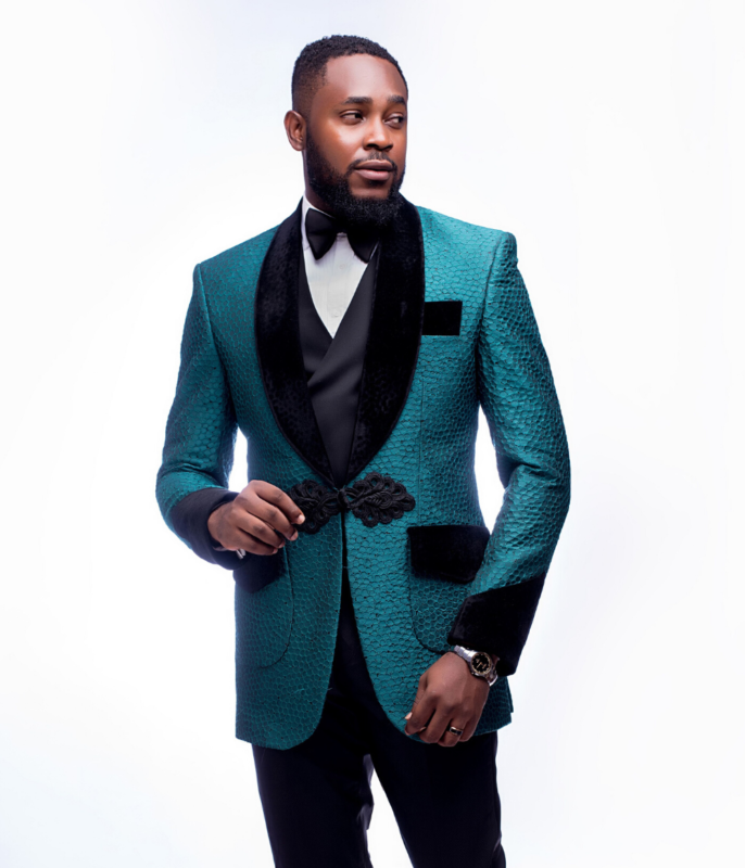 Teal and black shawl lapel wedding groom suit by Alan Cruzer