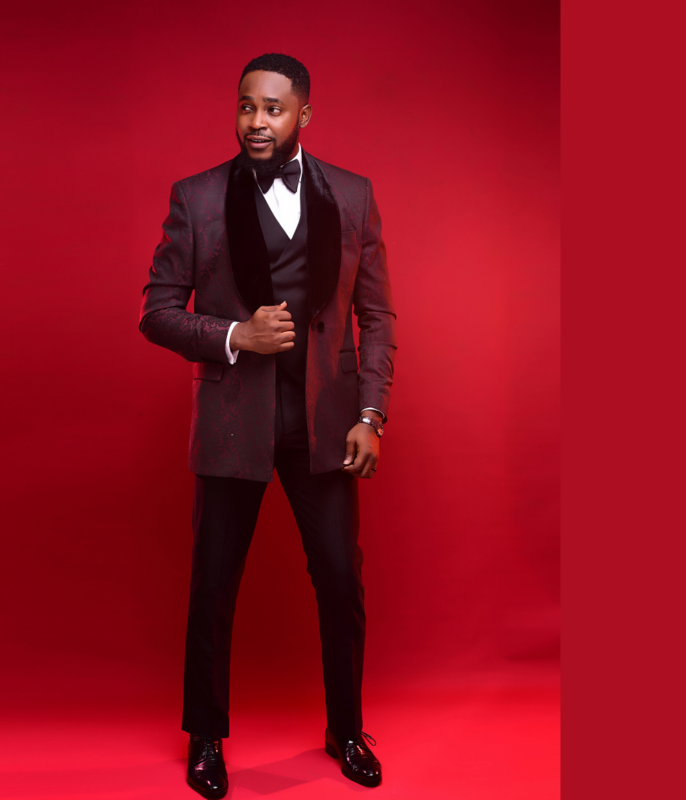 burgundy and black shawl lapel damask pattern wedding groom suit by Alan Cruzer