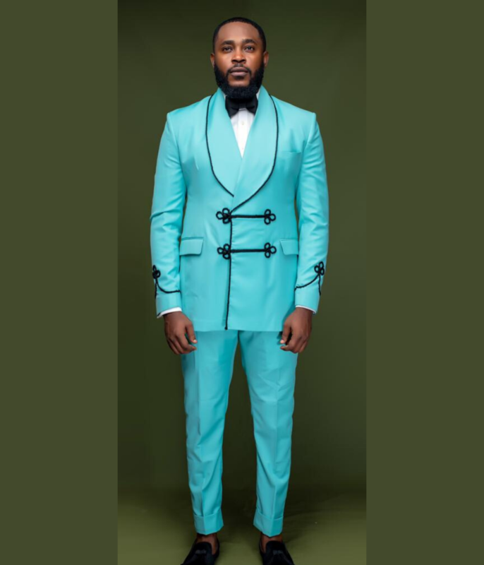 Mint Double Breasted Shawl Lapel Suit With Chinese Button