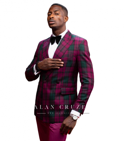 Magenta & Green Tartan Double Breast Suit With Notch Lapel