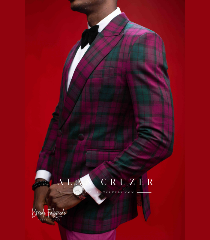 Magenta & Green Tartan Double Breast Suit With Notch Lapel