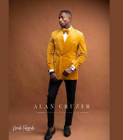 Mustard Double Breast Velvet Suit With Shawl Lapel